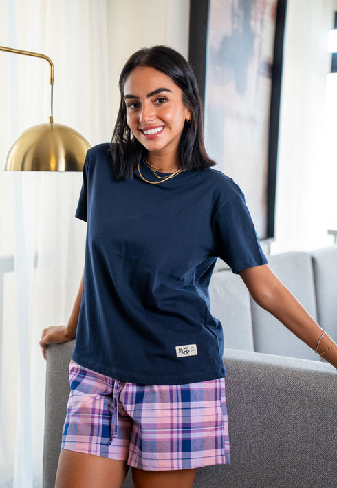 Women summer pajama set Dark Blue Tee + Purple X Navy Plaid shorts